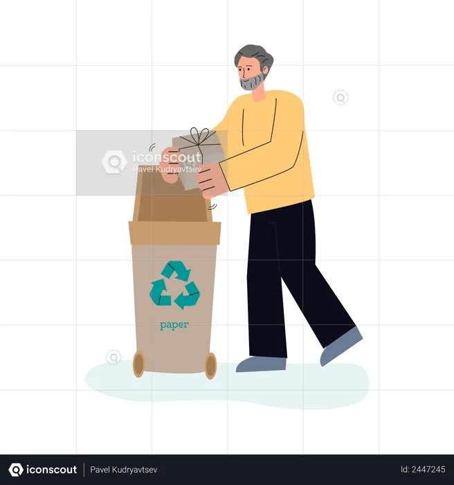 Man sorting paper waste in trash container  Illustration