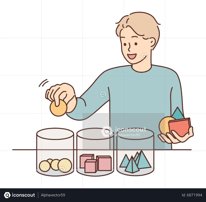 Man sorting shape and put in jar  Illustration