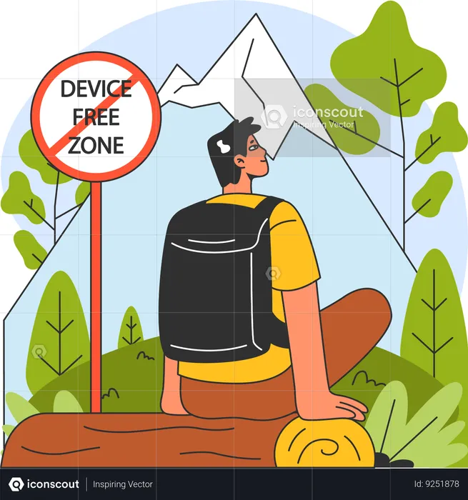 Man spending time in nature  and free form device  Illustration