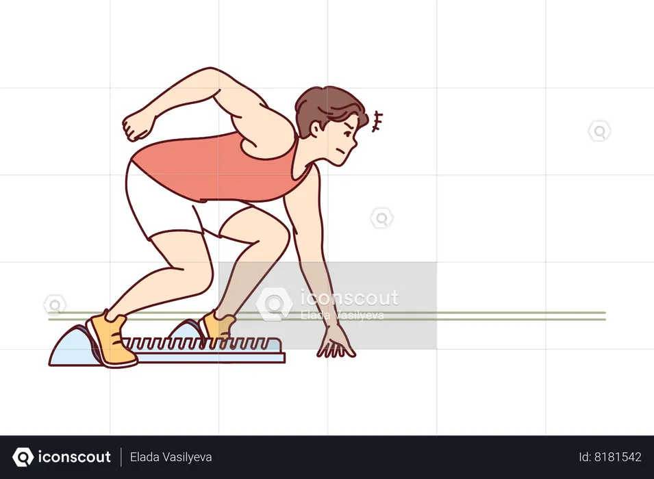 Man sprinter prepares for race at running standing in starting position  Illustration