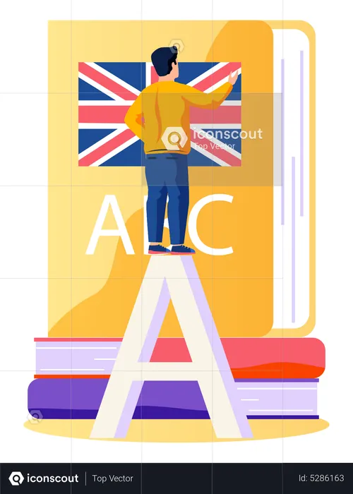 Man standing and learning English language with big textbook  Illustration