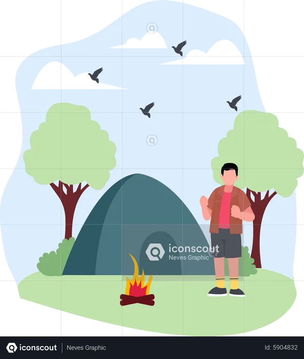 Man standing at campsite  Illustration