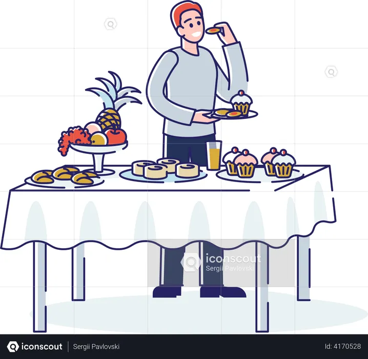 Man standing at table served and eating tasty food  Illustration