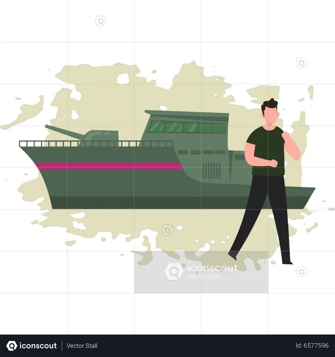Man Standing By Military Ship  Illustration