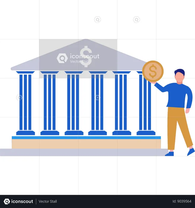 Man Standing In Front Of Bank Building  Illustration