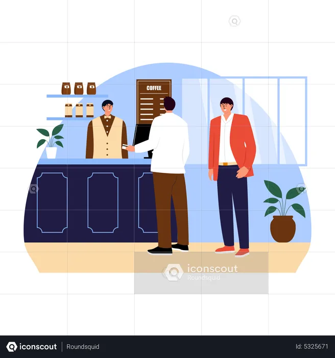 Man standing in queue at coffee shop  Illustration