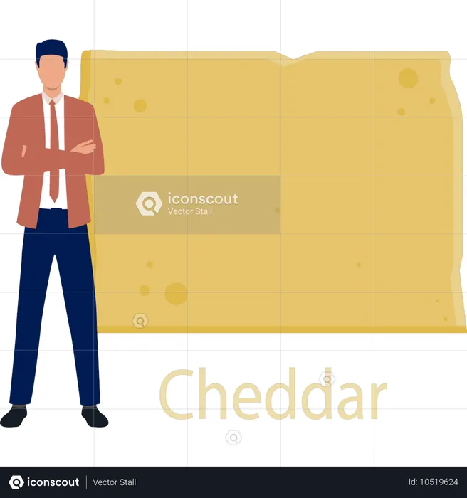 Man  standing near cheddar cheese  Illustration