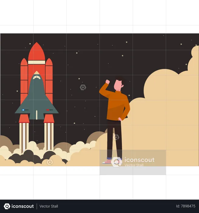 Man standing near rocket launch  Illustration