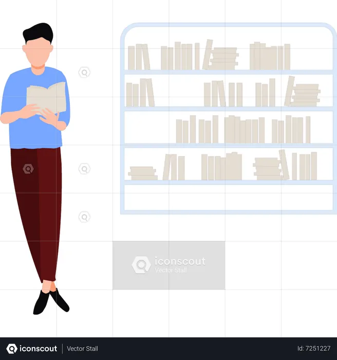 Man standing next to book rack holding book  Illustration