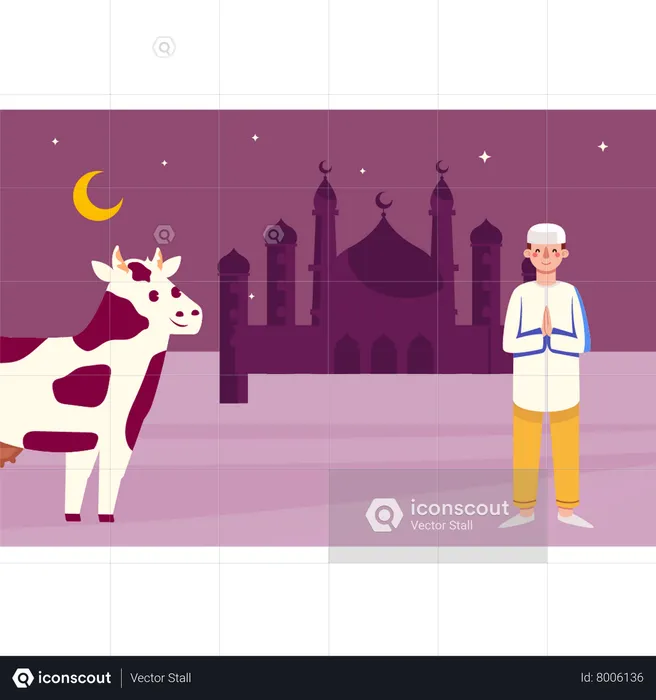 Man standing next to cow  Illustration