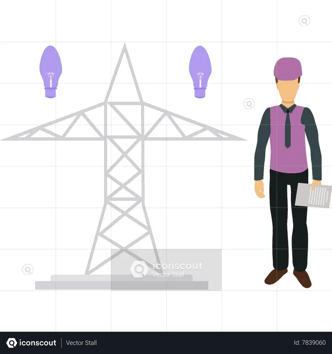 Man standing next to electricity tower  Illustration