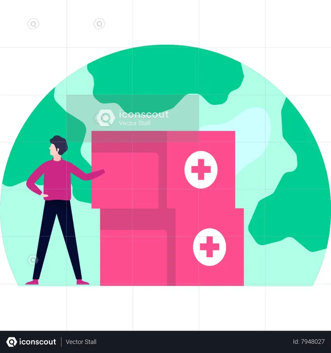 Man standing next to medical boxes  Illustration