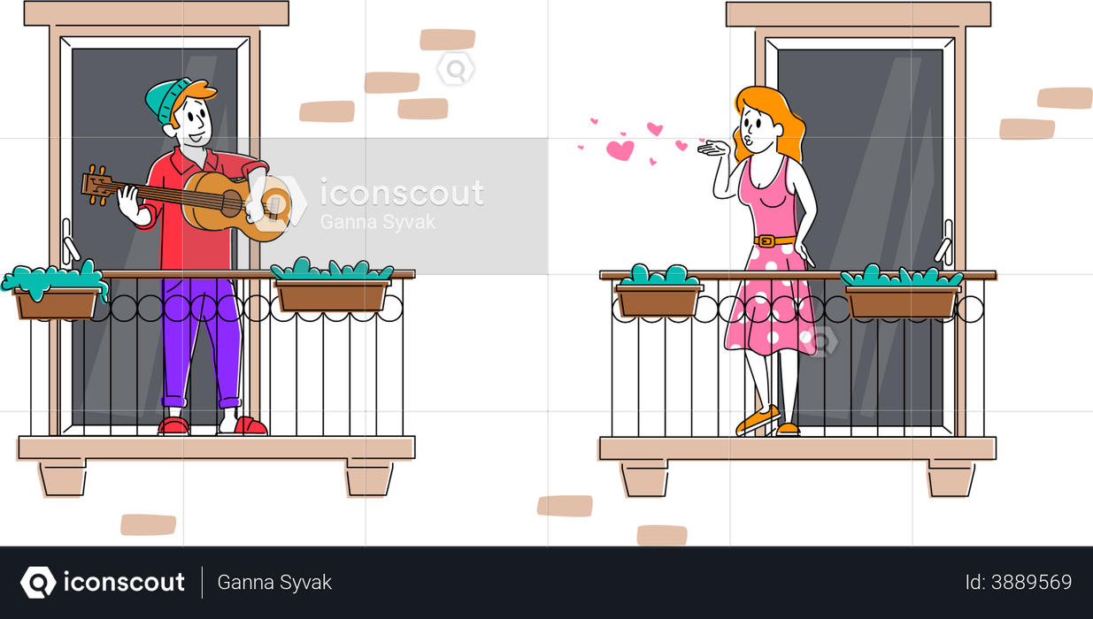Man Standing on Balcony Playing Guitar and Singing Song to Girl Illustration