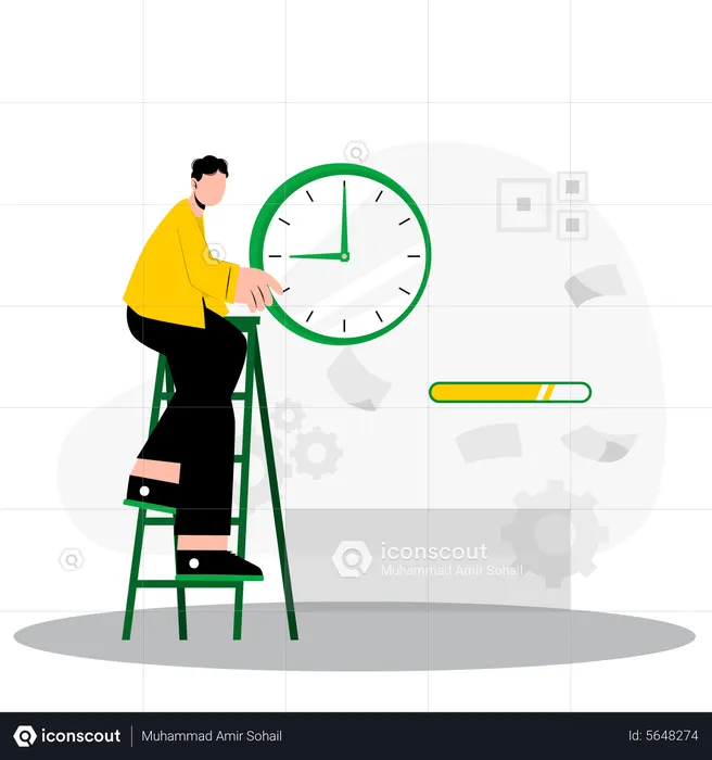 Man standing on ladder and setting clock  Illustration