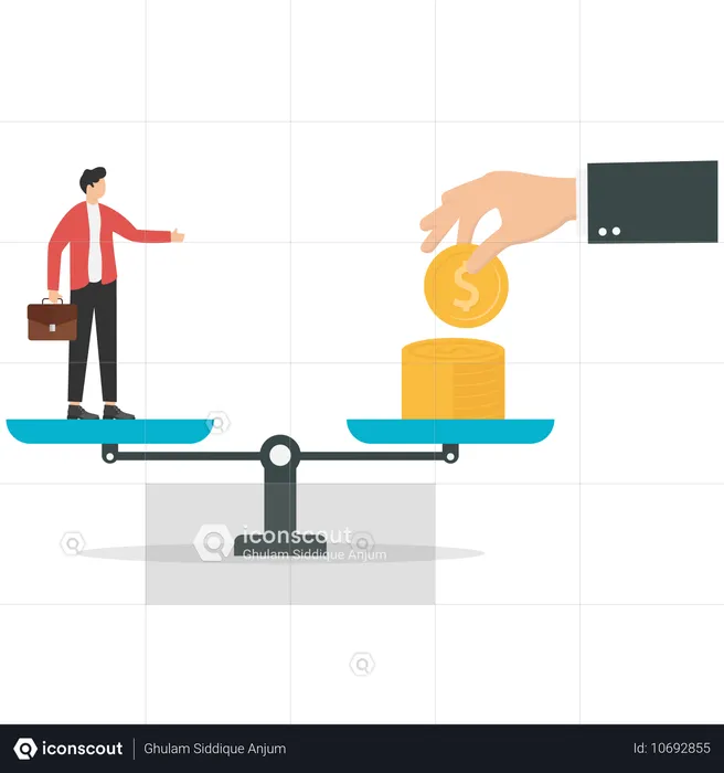 Man standing on scales with golden dollar coins  Illustration