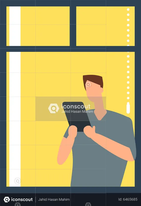 Man standing on window and using mobile  Illustration