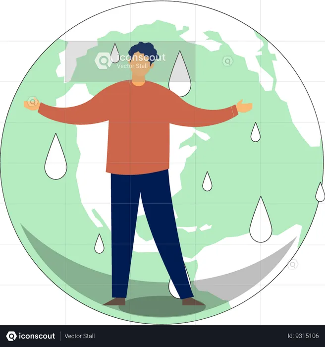 Man standing under global raindrops  Illustration