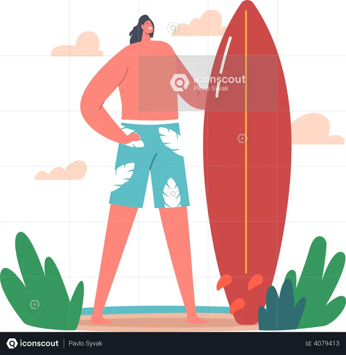 Man standing while holding surfboard  Illustration