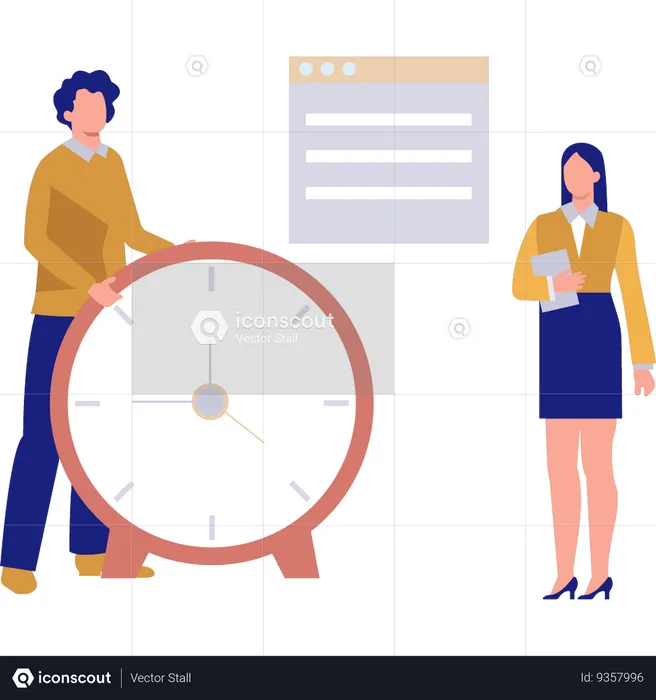 Man standing with clock while businesswoman holding report  Illustration