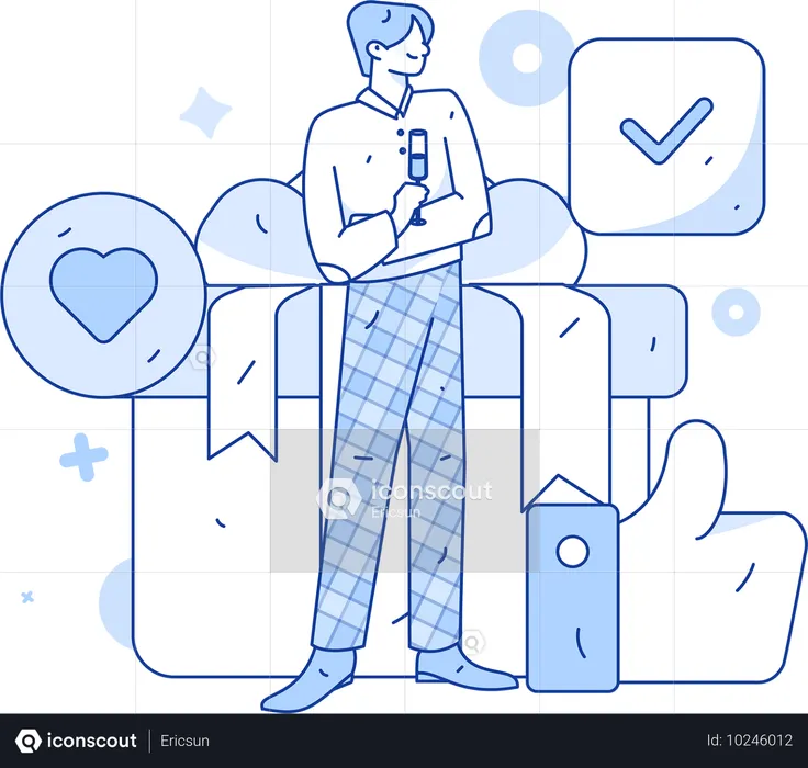 Man standing with gift box while giving feedback  Illustration