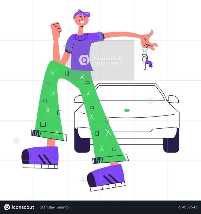 Man standing with his new car  Illustration
