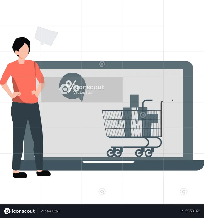 Man standing with laptop while looking online shopping  Illustration