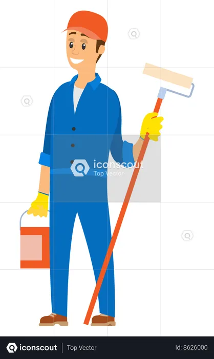 Man standing with painting bucket and roller  Illustration