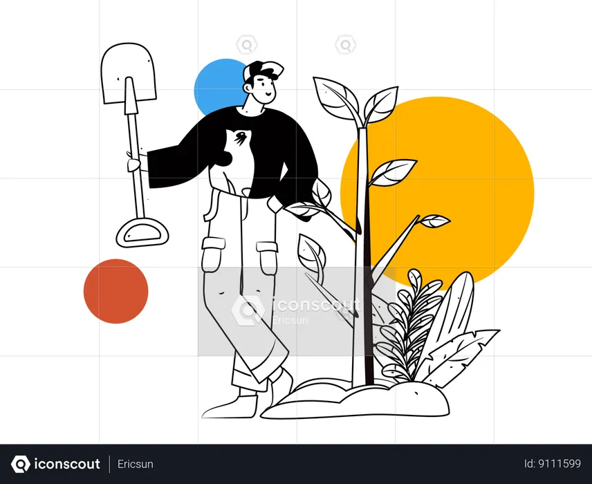 Man standing with shovel near plant  Illustration