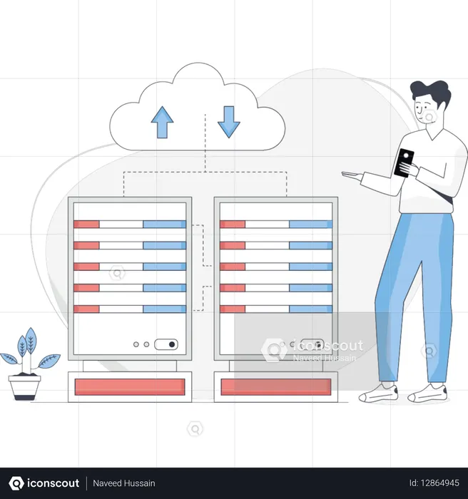 Man stands beside a server with a cloud icon displayed above it symbolizing cloud computing technology  Illustration