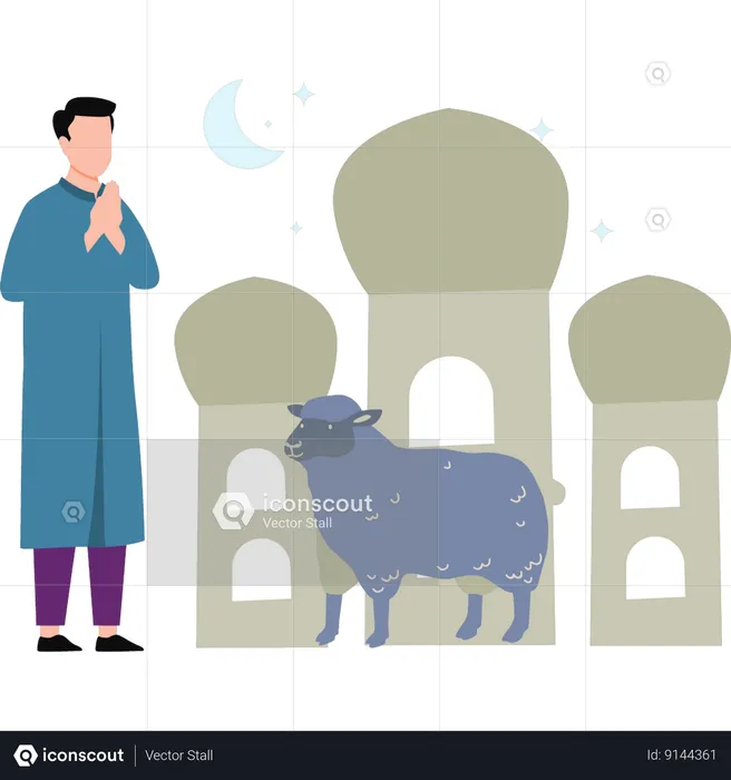 Man stands by sheep  Illustration