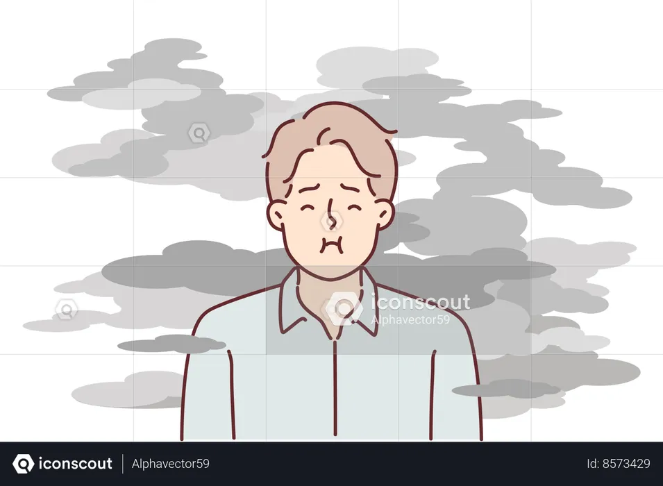 Man stands in smoke and tries to hold breath  Illustration