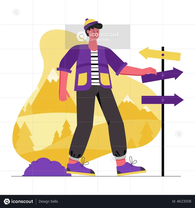 Man stands near signpost and chooses travel route in mountains  Illustration