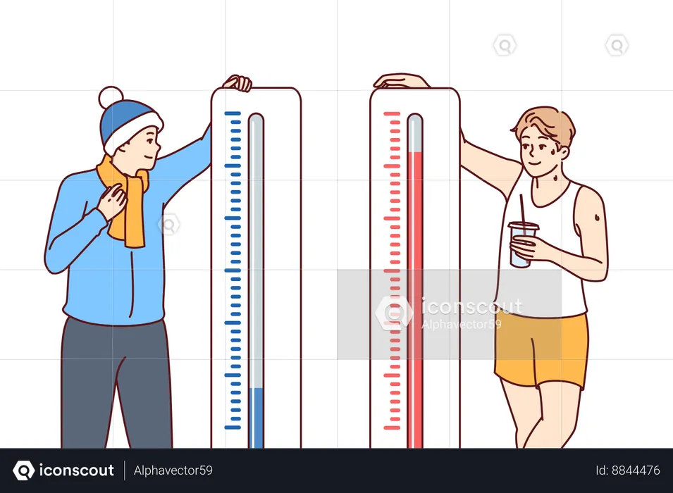 Man stands near thermometers showing different temperatures and feels heat or cold  Illustration