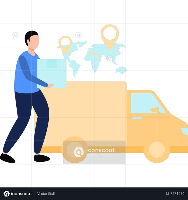 Man stands next to delivery truck with parcel in hand  Illustration
