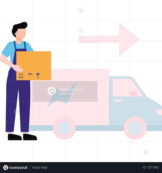 Man stands next to truck carrying parcel  Illustration