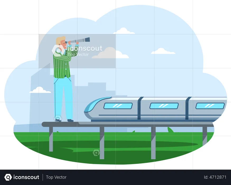 Man stands on platform of modern railway  Illustration