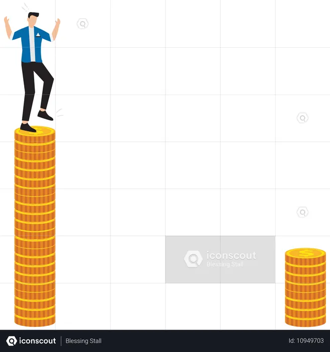 男性は金貨の高い山の上に立ち、その下にある別の山を眺めている。  イラスト