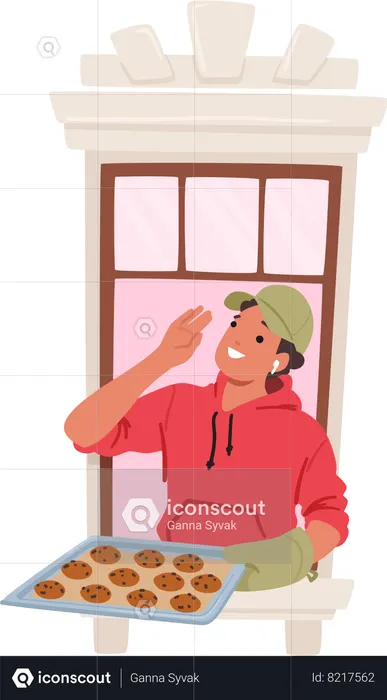 Man stands proudly by a window with cookies tray  Illustration