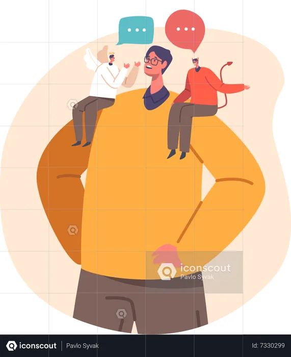 Man Stands With An Angel And Demon On His Shoulders  Illustration