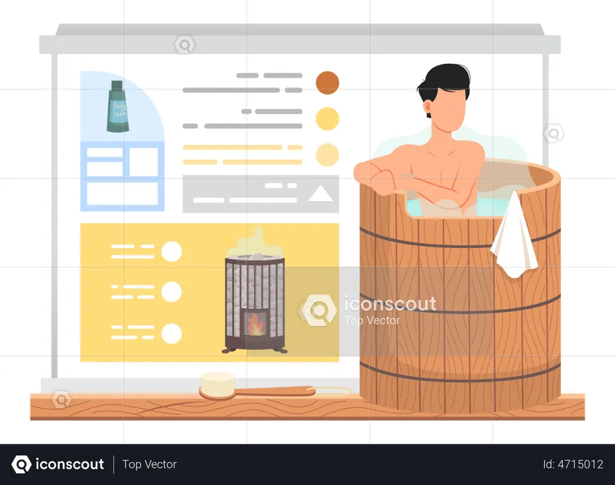 Man steaming in wooden tub  Illustration