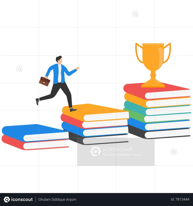 Man stepping on a pile of books to get a trophy  Illustration