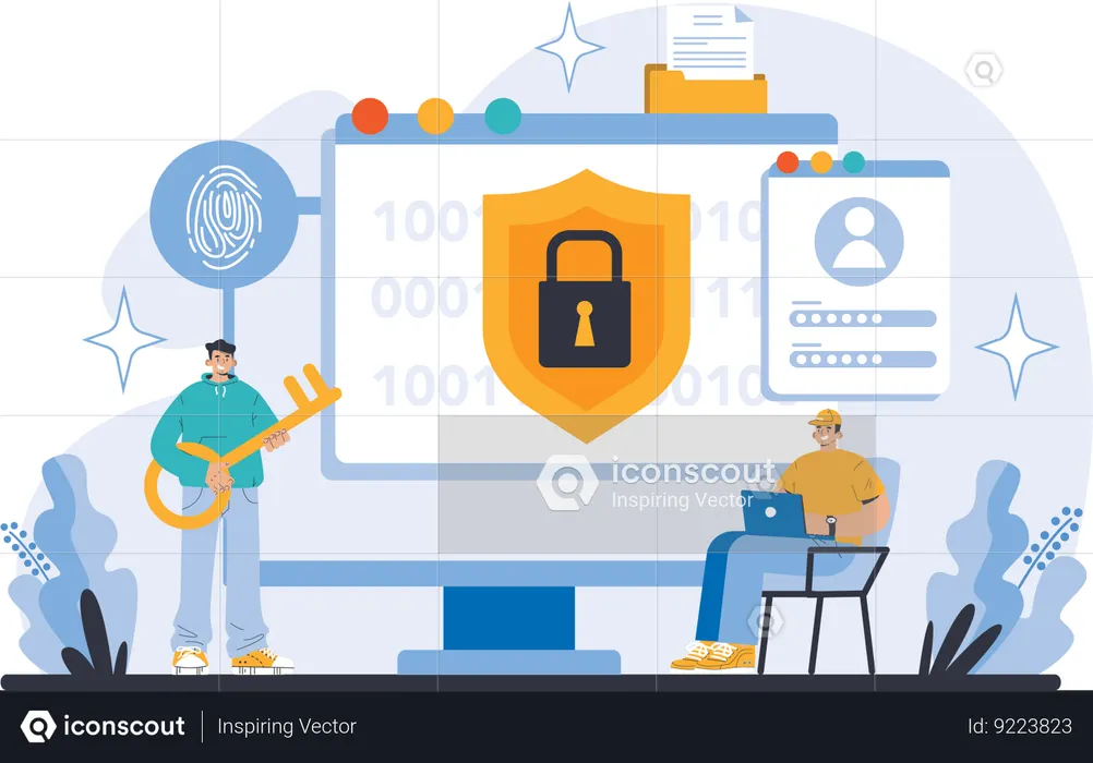 Man storing files in encrypted cloud storage  Illustration