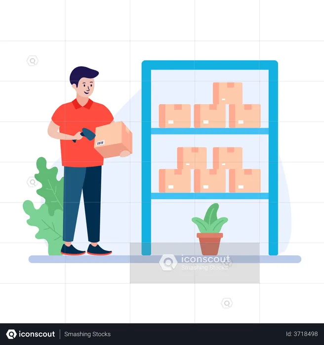 Man storing packages and scanning them using barcode scanner  Illustration