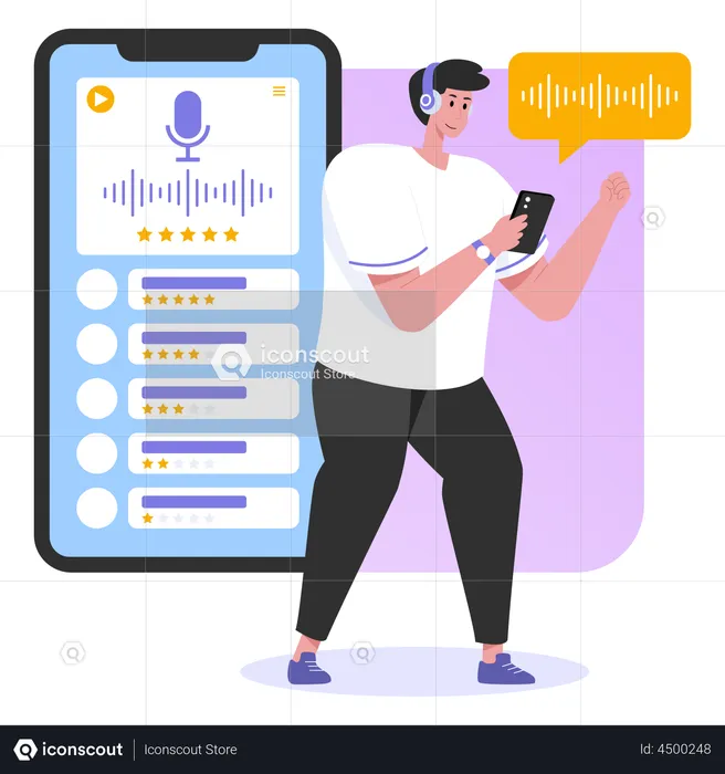 Man streaming podcast using mobile app  Illustration