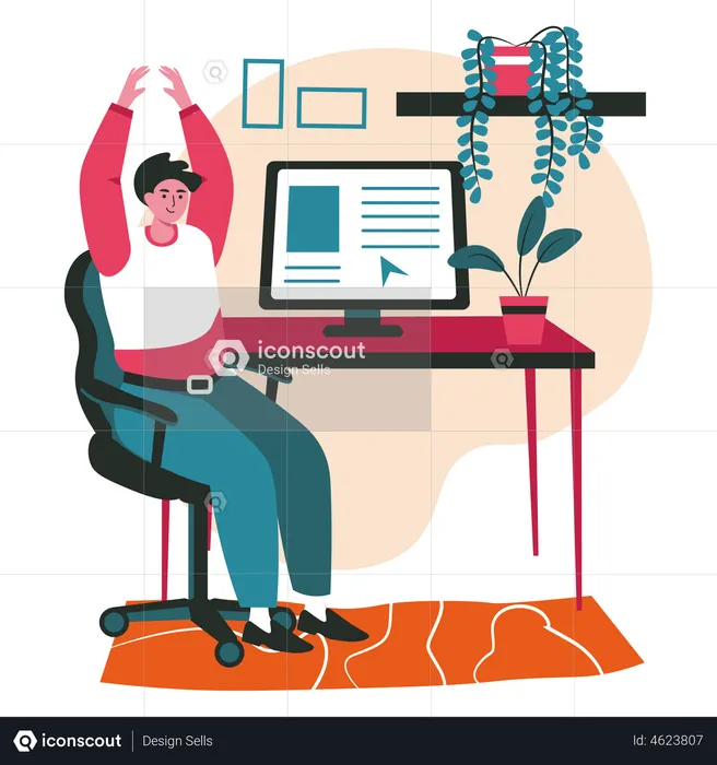 Man stretching arms while working in office  Illustration