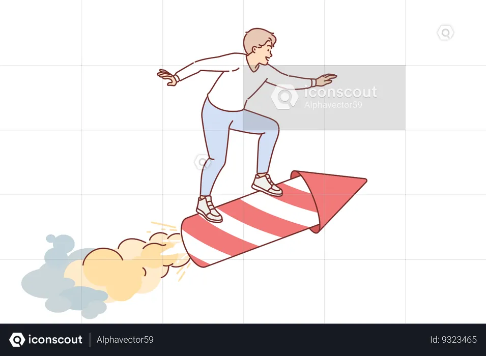 Man strives for success standing on flying rocket  Illustration