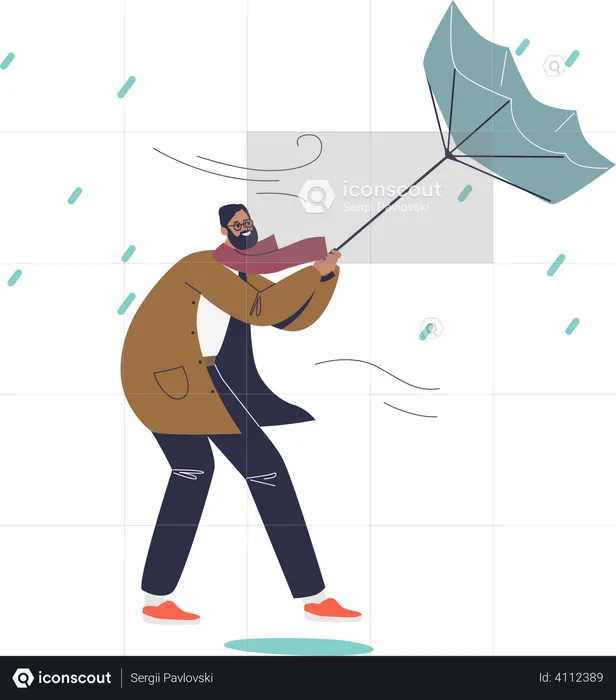 Man struggling with wind holding umbrella in rainy Illustration