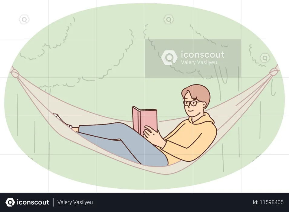 Man student in hammock reads book enjoy outdoor recreation in park with green trees  Illustration