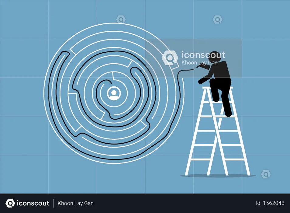 Man successfully finds the solution and way out of a round maze puzzle  Illustration