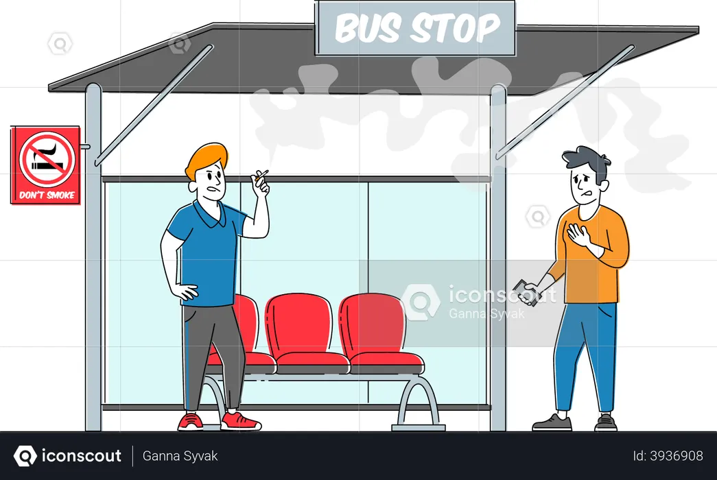Man Suffer of Smoke near Prohibited Sign and Man Smoker with Cigarette on Bus Stop  Illustration